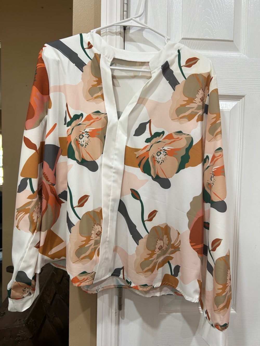 SHEIN White Floral V-Neck Long Sleeve Blouse with Peach and Green Accents